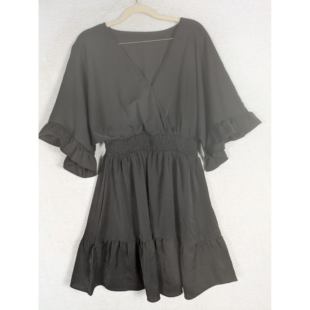 M5B162 Dress Women's S Black Ruffle Bell Sleeve Smocked Waist V-Neck Mini LBD